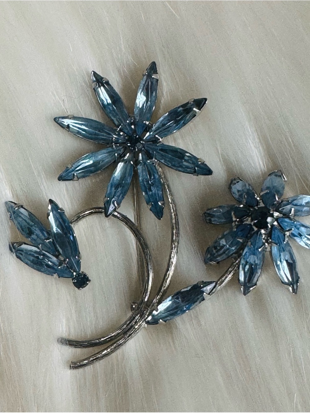 Vintage Blue Navette  Rhinestone Crystal Flower Brooch - Silver Tone